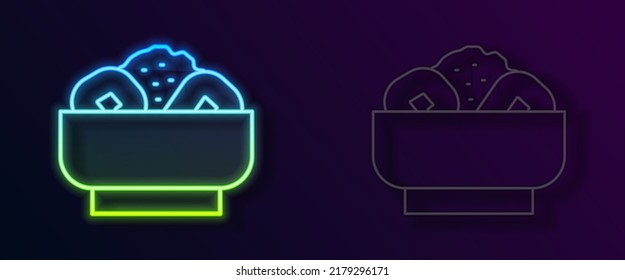 Glowing neon line Chow mein on plate icon isolated on black background. Asian food.  Vector