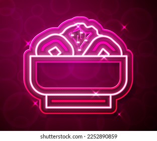 Glowing neon line Chow mein on plate icon isolated on red background. Asian food.  Vector