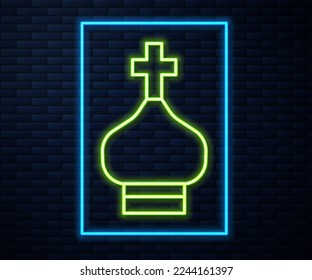 Glowing neon line Christian church tower icon isolated on brick wall background. Religion of church.  Vector