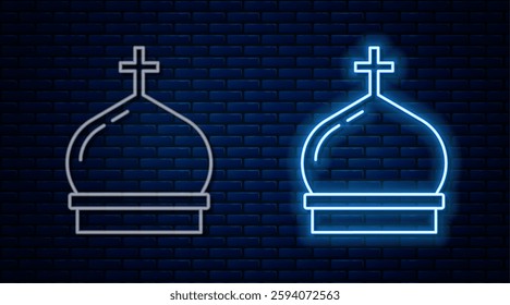 Glowing neon line Christian church tower icon isolated on brick wall background. Religion of church.  Vector