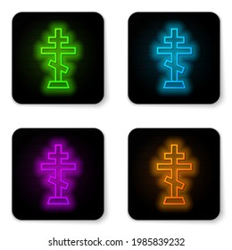 Glowing neon line Christian cross icon isolated on white background. Church cross. Black square button. Vector