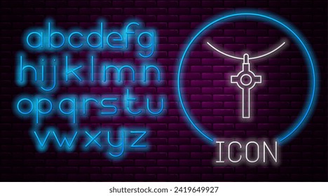 Glowing neon line Christian cross on chain icon isolated on brick wall background. Church cross. Neon light alphabet. Vector Illustration