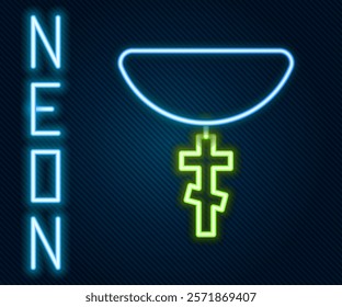 Glowing neon line Christian cross on chain icon isolated on black background. Church cross. Colorful outline concept. Vector