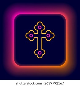 Glowing neon line Christian cross icon isolated on black background. Church cross. Colorful outline concept. Vector