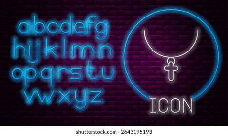 Glowing neon line Christian cross on chain icon isolated on brick wall background. Church cross. Neon light alphabet. Vector Illustration