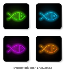 Glowing neon line Christian fish symbol icon isolated on white background. Jesus fish symbol. Black square button. Vector Illustration