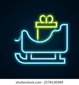 Glowing neon line Christmas santa claus sleigh with sack bag icon isolated on black background. Merry Christmas and Happy New Year. Colorful outline concept. Vector