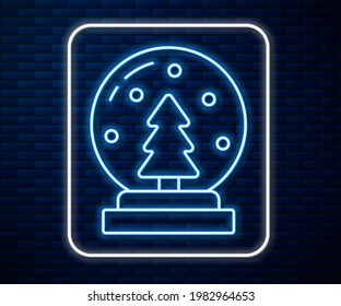 Glowing neon line Christmas snow globe with fallen snow and christmas tree icon isolated on brick wall background. Merry Christmas and Happy New Year.  Vector