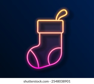 Glowing neon line Christmas stocking icon isolated on black background. Merry Christmas and Happy New Year.  Vector