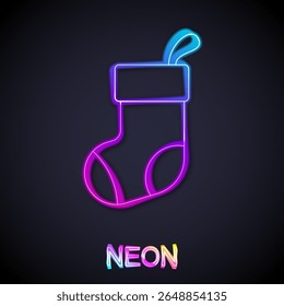 Glowing neon line Christmas stocking icon isolated on black background. Merry Christmas and Happy New Year.  Vector
