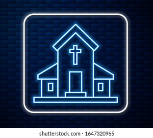 Glowing neon line Church building icon isolated on brick wall background. Christian Church. Religion of church.  Vector Illustration