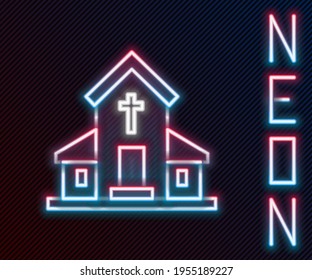 Glowing neon line Church building icon isolated on black background. Christian Church. Religion of church. Colorful outline concept. Vector Illustration