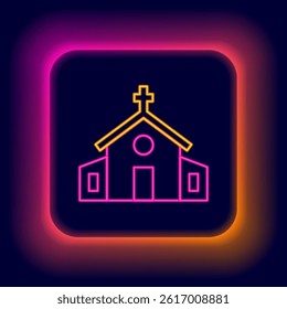 Glowing neon line Church building icon isolated on black background. Christian Church. Religion of church. Colorful outline concept. Vector