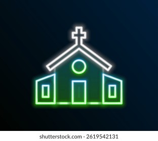 Glowing neon line Church building icon isolated on black background. Christian Church. Religion of church. Colorful outline concept. Vector