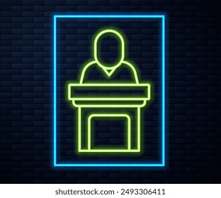 Glowing neon line Church pastor preaching icon isolated on brick wall background.  Vector