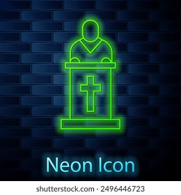 Glowing neon line Church pastor preaching icon isolated on brick wall background.  Vector Illustration