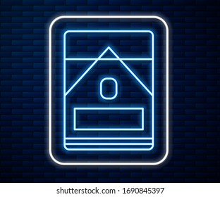 Icono de caja de cigarrillos de línea de neón brillante aislado en fondo de pared de ladrillo. Paquete de cigarrillos. Ilustración vectorial