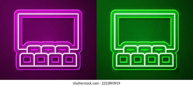 Glowing neon line Cinema auditorium with screen icon isolated on purple and green background.  Vector