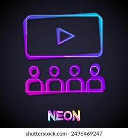 Glowing neon line Cinema auditorium with screen icon isolated on black background.  Vector