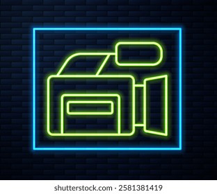 Glowing neon line Cinema camera icon isolated on brick wall background. Video camera. Movie sign. Film projector.  Vector