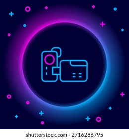 Glowing neon line Cinema camera icon isolated on black background. Video camera. Movie sign. Film projector. Colorful outline concept. Vector
