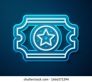 Glowing neon line Cinema ticket icon isolated on blue background.  Vector Illustration