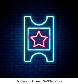 Glowing neon line Cinema ticket icon isolated on brick wall background. Colorful outline concept. Vector