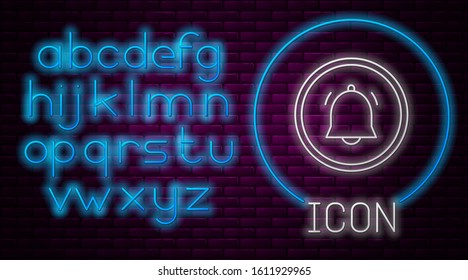 Glowing neon line Circle button and chat notification icon isolated on brick wall background. New message, dialog, chat, social network notification. Neon light alphabet. Vector Illustration