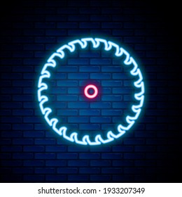 Glowing neon line Circular saw blade icon isolated on brick wall background. Saw wheel. Colorful outline concept. Vector