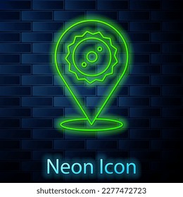 Glowing neon line Circular saw blade icon isolated on brick wall background. Saw wheel.  Vector