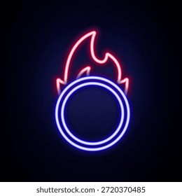 Glowing neon line Circus fire hoop icon isolated on brick wall background. Ring of fire flame. Round fiery frame. Colorful outline concept. Vector