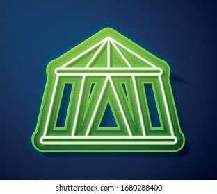 Glowing neon line Circus tent icon isolated on blue background. Carnival camping tent. Amusement park.  Vector Illustration