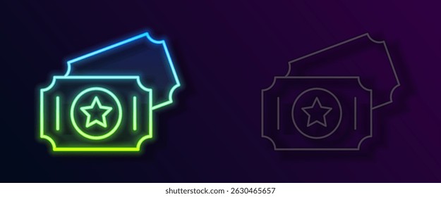 Icono de boleto de circo de línea de neón brillante aislado sobre fondo negro. Parque de atracciones.  Vector