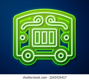 Glowing neon line Circus wagon icon isolated on blue background. Circus trailer, wagon wheel.  Vector