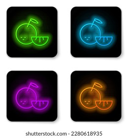 Glowing neon line Citrus fruit icon isolated on white background. Orange in a cut. Healthy lifestyle. Black square button. Vector