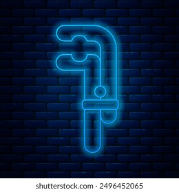 Glowing neon line Clamp tool icon isolated on brick wall background. Locksmith tool.  Vector Illustration