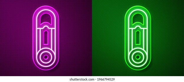 Glowing neon line Classic closed steel safety pin icon isolated on purple and green background.  Vector Illustration