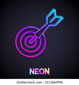 Glowing neon line Classic dart board and arrow icon isolated on black background. Dartboard sign. Game concept.  Vector