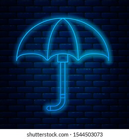 Glowing neon line Classic elegant opened umbrella icon isolated on brick wall background. Rain protection symbol.  Vector Illustration