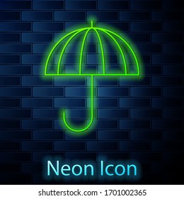 Glowing neon line Classic elegant opened umbrella icon isolated on brick wall background. Rain protection symbol. Vector Illustration