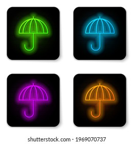 Glowing neon line Classic elegant opened umbrella icon isolated on white background. Rain protection symbol. Black square button. Vector Illustration