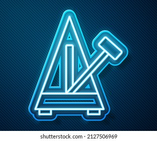 Glowing neon line Classic Metronome with pendulum in motion icon isolated on blue background. Equipment of music and beat mechanism.  Vector