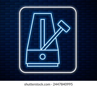 Glowing neon line Classic Metronome with pendulum in motion icon isolated on brick wall background. Equipment of music and beat mechanism.  Vector