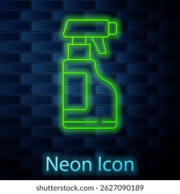 Glowing neon line Cleaning spray bottle with detergent liquid icon isolated on brick wall background.  Vector Illustration