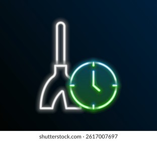 Glowing neon line Cleaning time icon isolated on black background. Sanitary service, house hygiene. Colorful outline concept. Vector
