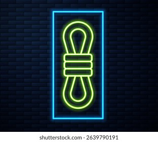 Glowing neon line Climber rope icon isolated on brick wall background. Extreme sport. Sport equipment.  Vector