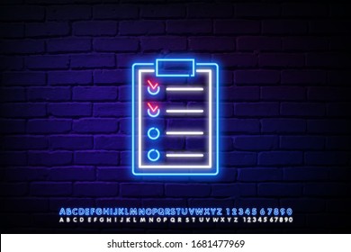 Glowing neon line Clipboard with checklist icon isolated on brick wall background. Control list symbol. Survey poll or questionnaire feedback form. Vector Illustration