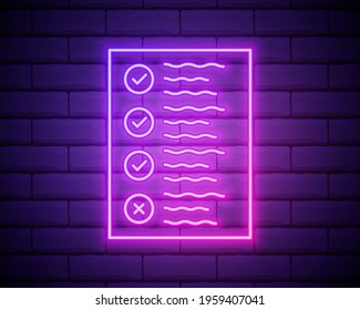 Glowing neon line Clipboard with checklist icon isolated on brick wall background. Control list symbol. Survey poll or questionnaire feedback form. Vector Illustration isolated on brick wall