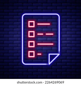 Glowing neon line Clipboard with checklist icon isolated on brick wall background. Control list symbol. Survey poll or questionnaire feedback form. Colorful outline concept. Vector