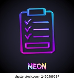 Glowing neon line Clipboard with checklist icon isolated on black background. Control list symbol. Survey poll or questionnaire feedback form.  Vector